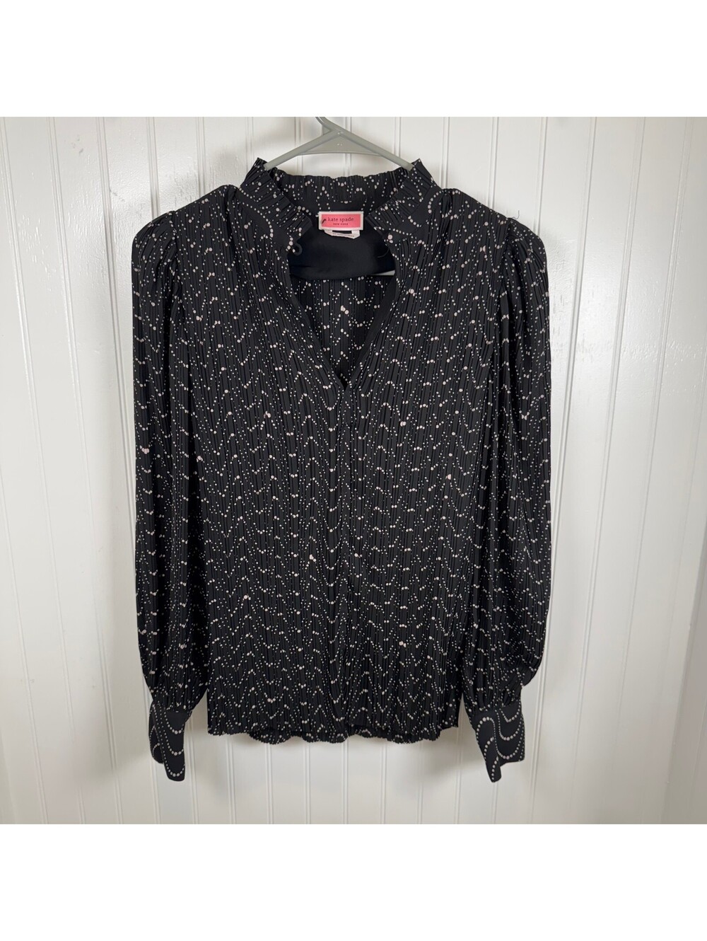 Kate Spade New York Black White Wavy Polka Dot Blouse XS Black Ruffle Puff Top